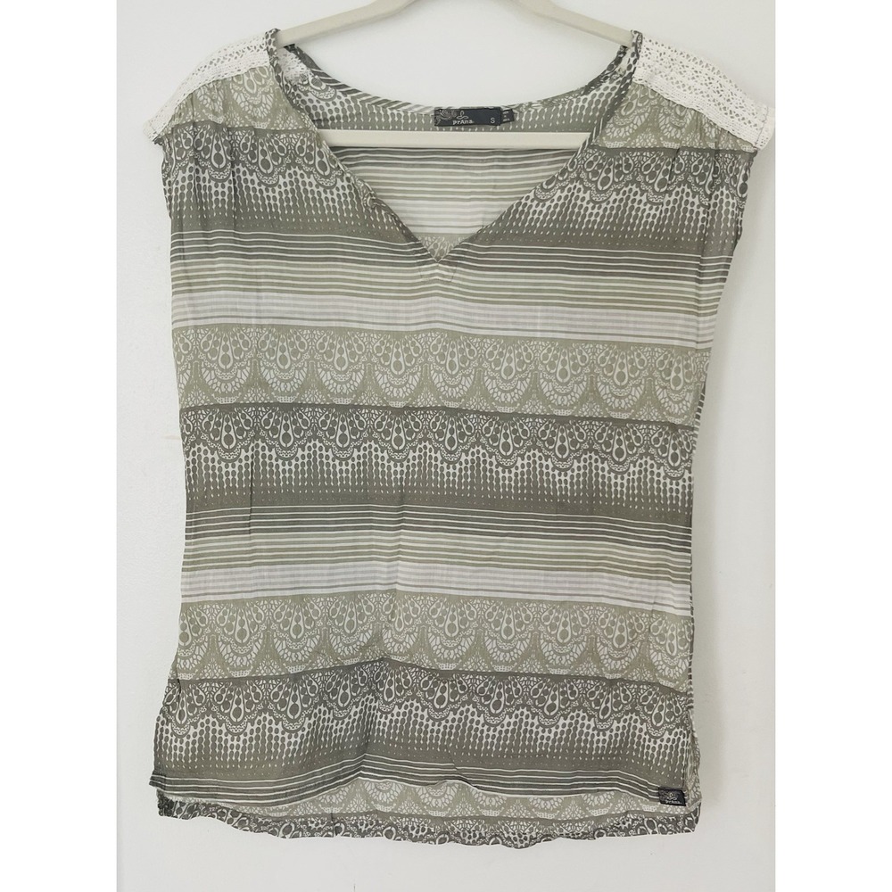 Prana Illiana Top Moonrock Size S Boho Gray Print Crochet Silk Organic Cotton